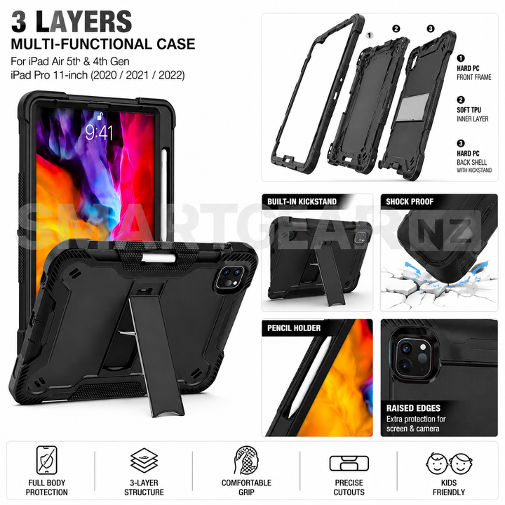 iPad Air 5th & 4th Gen / iPad Pro 11-inch (2020–2022) Heavy Duty Rugged Case with Kickstand & Pencil Holder – Purple