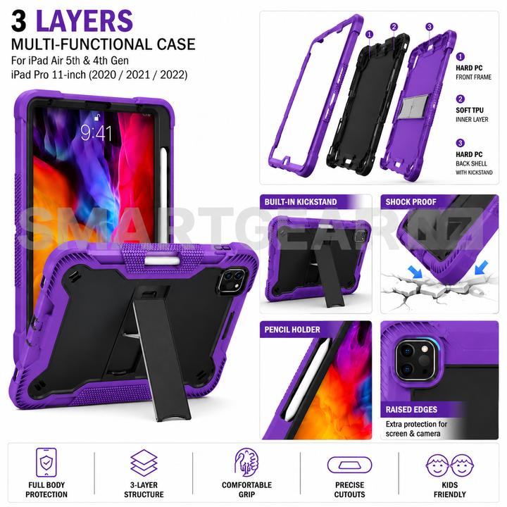 iPad Air 5th & 4th Gen / iPad Pro 11-inch (2020–2022) Heavy Duty Rugged Case with Kickstand & Pencil Holder – Purple