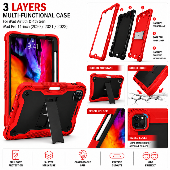 iPad Air 5th & 4th Gen / iPad Pro 11-inch (2020–2022) Heavy Duty Rugged Case with Kickstand & Pencil Holder – Red