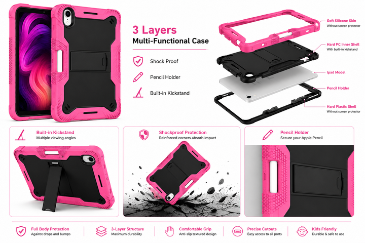 Pink and black phone case with multiple features highlighted