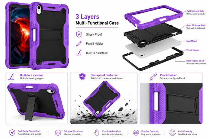 iPad mini 7th & 6th Gen Heavy Duty Rugged Case with Kickstand & Pencil Holder – Purple