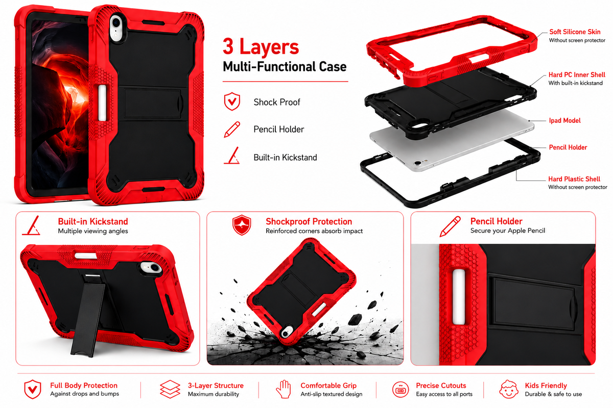 iPad mini 7th & 6th Gen Heavy Duty Rugged Case with Kickstand & Pencil Holder – Red
