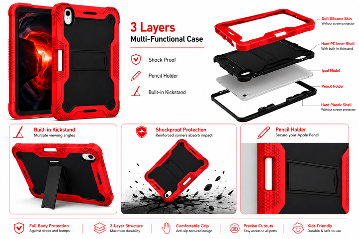 iPad mini 7th & 6th Gen Heavy Duty Rugged Case with Kickstand & Pencil Holder – Red