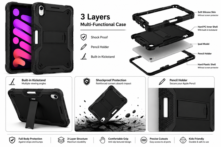 Black phone case with multiple features highlighted on a white background