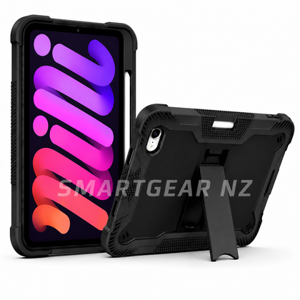 Black phone case with a stand feature and colorful 'mi' logo on a white background