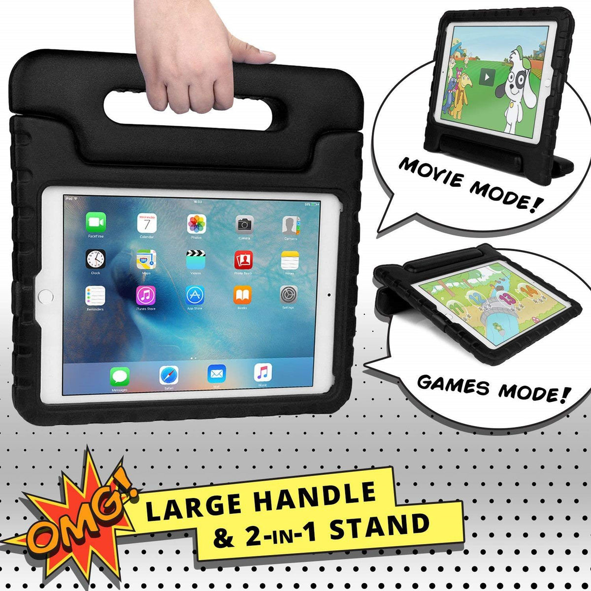 iPad 9.7 inch Shockproof Case w Handle & Stand (Black)