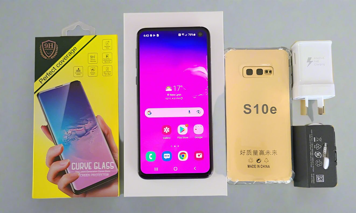 Samsung Galaxy S10e Prism Black SM-G970U New Case, Glass Screen Protector (Good)
